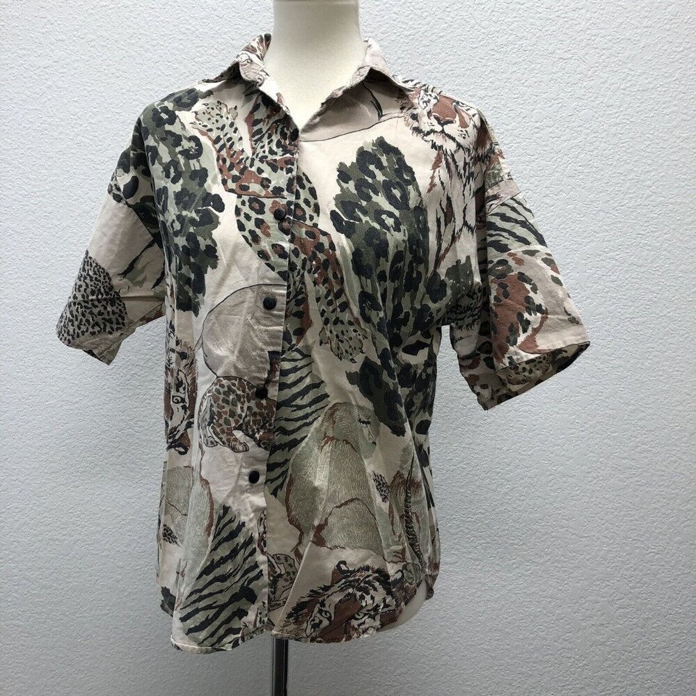Byer California Brown Animal Print Top Blouse Shirt Womens Medium Safari Camping